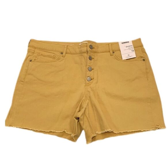 SONOMA WOMEN 18 GOLDEN YELLOW HIGH RISE BUTTON FLY RAW HEM DENIM SHORTS. - Picture 2 of 12